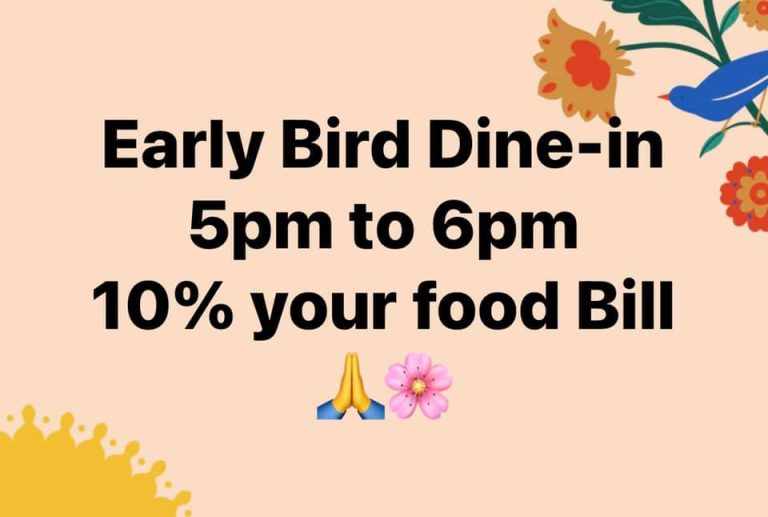 Early Bird Special 5pm to 6pm.10% Off your food bill.

ARUNYA.COM.AU