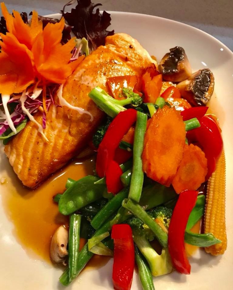 Steak Salmon~ choice of Salad, steam veggie or stir fried.